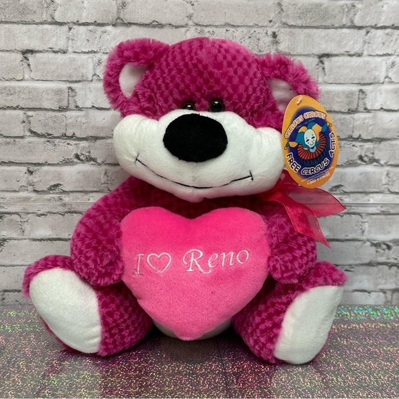 Circus Circus Pink BEAR I Love Reno Plush Waffle Fur Bow Heart Stuffed Animal - Picture 1 of 9